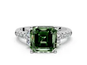 Paired Accent Engagement Ring Setting for Fancy Green Asscher Cut Center with Pave Band and Prong Head in Sterling Silver