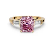 3 Stone Engagement Ring Setting for Fancy Pink Radiant Cut Center with Channel Baguette Accents and Prong Head in Yellow Gold