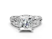Solitaire Engagement Ring Setting for Princess Cut Center with Filigree Accent Basket and Prong Head in Platinum