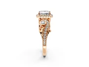 Bypass Halo Engagement Ring Setting for Princess Cut Center with Bezel Accents, Milgrain and Prong Head in Rose Gold