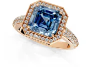 Milgrain Halo Engagement Ring Setting for Fancy Blue Asscher Cut Center with Three-Sided Pave Band and Prong Head in Rose Gold