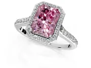 Halo Engagement Ring Setting for Fancy Pink Radiant Cut Center with Pave Accents, Heart Basket and Prong Head in White Gold