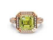 Halo Engagement Ring Setting for Fancy Yellow Asscher Cut Center with Framed Halo, Pave Band and Prong Head in Rose Gold