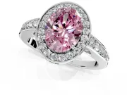 Bezel-Framed Halo Engagement Ring Setting for Fancy Pink Oval Center with Pave Band and Prong Head in Platinum