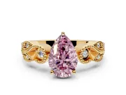 Leaf Engagement Ring Setting for Fancy Pink Pear-Shaped Center with Milgrain Accent Band and Prong Head in Yellow Gold