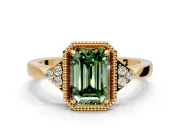 Cluster Engagement Ring Setting for Fancy Green Emerald Cut Center with Milgrain Shoulder Clusters and Prong Head in Yellow Gold