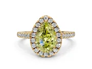 Halo Engagement Ring Setting for Fancy Yellow Pear-Shaped Center with Raised Halo, Pave Band and Prong Head in Yellow Gold