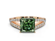 Solitaire Engagement Ring Setting for Fancy Green Princess Cut Center with Pave Split Shank and Prong Head in Rose Gold