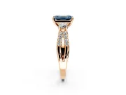 3 Stone Engagement Ring Setting for Fancy Blue Emerald Cut Center with Pave Split Shank and Prong Head in Rose Gold