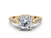 Cathedral Engagement Ring Setting for Cushion Cut Center with Antique-Style Pave Band and Prong Head in Yellow Gold
