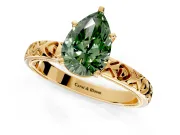 Solitaire Engagement Ring Setting for Fancy Green Pear-Shaped Center with XO Engraved Band and Prong Head in Yellow Gold