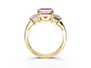 3 Stone Engagement Ring Setting for Fancy Pink Asscher Cut Center with Matching Side Accents and Prong Head in Yellow Gold