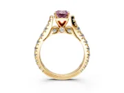 Solitaire Engagement Ring Setting for Fancy Pink Emerald Cut Center with Pave Cathedral Shoulders and Prong Head in Yellow Gold
