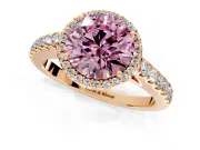 Halo Engagement Ring Setting for Fancy Pink Round Cut Center with Full Pave Band and Prong Head in Rose Gold