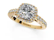 Halo Engagement Ring Setting for Cushion Cut Center with Full Pave Band and Prong Head in Yellow Gold