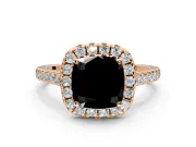 Halo Engagement Ring Setting for Fancy Black Cushion Cut Center with Narrowing Pave Band and Prong Head in Rose Gold