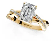 Crossover Engagement Ring Setting for Emerald Cut Center with Pave and Plain Strands and Prong Head in Yellow Gold