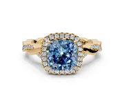 Halo Engagement Ring Setting for Fancy Blue Cushion Cut Center with Twist Band and Prong Head in Yellow Gold
