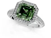 Milgrain Halo Engagement Ring Setting for Fancy Green Asscher Cut Center with Three-Sided Pave Band and Prong Head in Sterling Silver