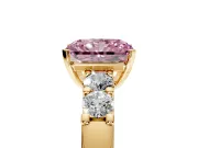 5 Stone Engagement Ring Setting for Fancy Pink Radiant Cut Center with Plain Band and Prong Head in Yellow Gold