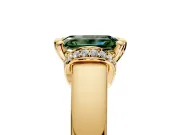 Solitaire Engagement Ring Setting for Fancy Green Emerald Cut Center with Wide Band, Pave Collar and Prong Head in Yellow Gold