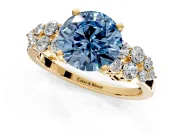 Cluster Engagement Ring Setting for Fancy Blue Round Cut Center with 2-Row Shoulder Clusters and Prong Head in Yellow Gold