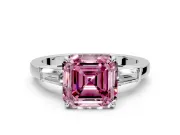 3 Stone Engagement Ring Setting for Fancy Pink Asscher Cut Center with Baguette Accents and Prong Head in White Gold