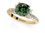 Paired Accent Engagement Ring Setting for Fancy Green Cushion Cut Center with Pave Band and Prong Head in Yellow Gold