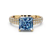 Solitaire Engagement Ring Setting for Fancy Blue Princess Cut Center with Multi-Row Pave Accents and Basket Head in Yellow Gold