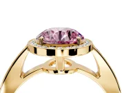 Bezel-Framed Halo Engagement Ring Setting for Fancy Pink Round Cut Center with Pave Band and Prong Head in Yellow Gold