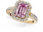 Halo Engagement Ring Setting for Fancy Pink Emerald Cut Center with Heart-Shaped Openwork, Pave Band and Prong Head in Yellow Gold