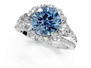 Halo Engagement Ring Setting for Fancy Blue Round Cut Center with Two-Strand Split Shank and Prong Head in Platinum