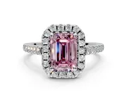 Halo Engagement Ring Setting for Fancy Pink Emerald Cut Center with Raised Halo, Pave Band and Prong Head in Platinum