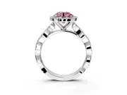 Halo Engagement Ring Setting for Fancy Pink Round Cut Center with Pave and Plain Twist Band and Prong Head in White Gold