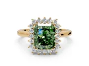 Starburst Halo Engagement Ring Setting for Fancy Green Radiant Cut Center with Thin Round-Wire Band and Prong Head in Yellow Gold