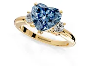 3 Stone Engagement Ring Setting for Fancy Blue Heart-Shaped Center with Wide Plain Band and Prong Head in Yellow Gold