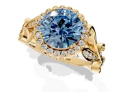 Halo Engagement Ring Setting for Fancy Blue Round Cut Center with Leaf Motif Split Shank and Prong Head in Yellow Gold