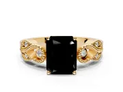 Leaf Engagement Ring Setting for Fancy Black Radiant Cut Center with Milgrain Accent Band and Prong Head in Yellow Gold