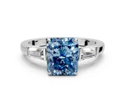 3 Stone Engagement Ring Setting for Fancy Blue Radiant Cut Center with Baguette Accents and Prong Head in Sterling Silver