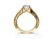 Solitaire Engagement Ring Setting for Cushion Cut Center with Engraved Pave Band and Prong Head in Yellow Gold