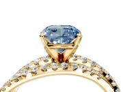 Solitaire Engagement Ring Setting for Fancy Blue Cushion Cut Center with Woven 3-Strand Pave Band and Prong Head in Yellow Gold