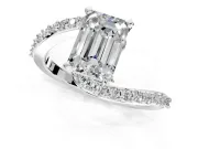 Solitaire Engagement Ring Setting for Emerald Cut Center with Pave Bypass Swirl Band and Prong Head in White Gold
