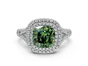 Double Halo Engagement Ring Setting for Fancy Green Cushion Cut Center with Narrow Pave Split Shank and Prong Head in White Gold