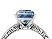 Solitaire Engagement Ring Setting for Fancy Blue Princess Cut Center with Engraved Milgrain Band and Prong Head in Platinum