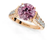Solitaire Engagement Ring Setting for Fancy Pink Round Cut Center with Pave Cathedral Shoulders and Prong Head in Rose Gold