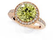 Halo Engagement Ring Setting for Fancy Yellow Round Cut Center with Metal-Rimmed Halo, Pave Band and Prong Head in Rose Gold