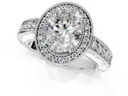 Milgrain Halo Engagement Ring Setting for Oval Center with Pave Band and Prong Head in Platinum