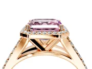 Halo Engagement Ring Setting for Fancy Pink Asscher Cut Center with Narrow Pave Split Shank and Prong Head in Rose Gold