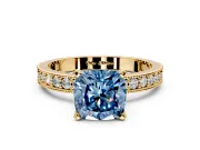 Milgrain Pave Engagement Ring Setting for Fancy Blue Cushion Cut Center with Accent Band and Prong Head in Yellow Gold