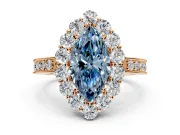 Halo Engagement Ring Setting for Fancy Blue Marquise Center with Milgrain Channel Band and Prong Head in Rose Gold